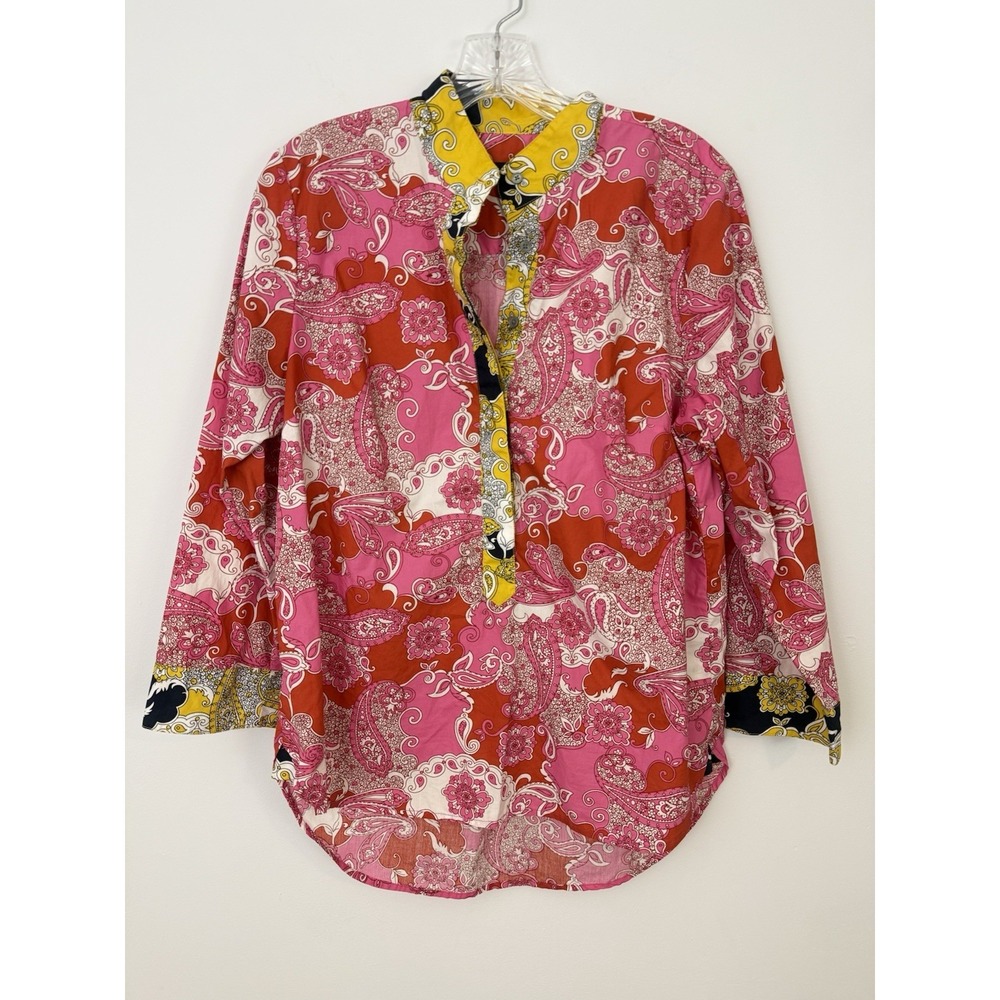J CREW Paisley Button Henley Shirt TOP Small Pink Tunic Preppy Contrast Cuff